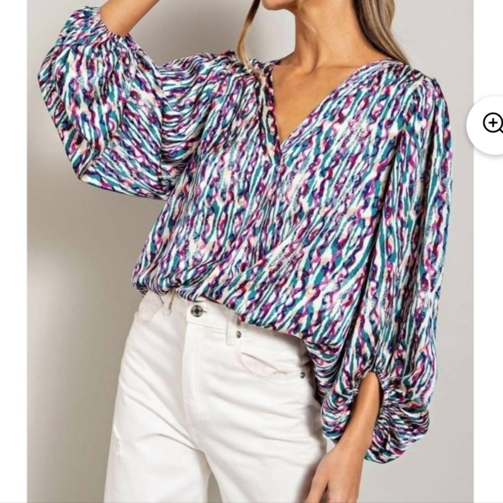 ee:some Retro Print V Neck Bubble Sleeve Colorful Blouse Size Large